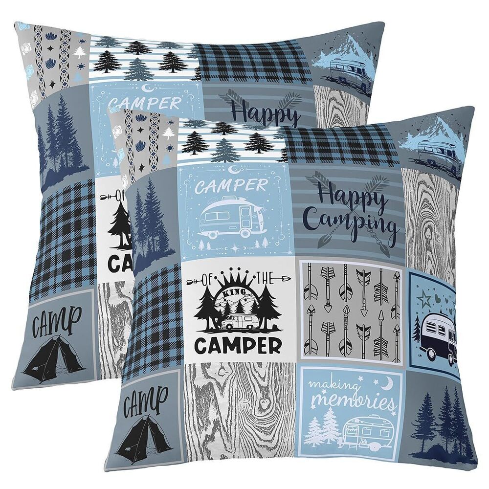 1036 Pack of 2 Blue Camper Car Cushion Covers for Adults,Happy Camping